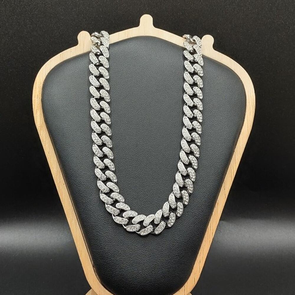 Silver Plated Necklace Miami Cuban Iced Out 12mm Chain CZ Diamonds Jewelry Gift